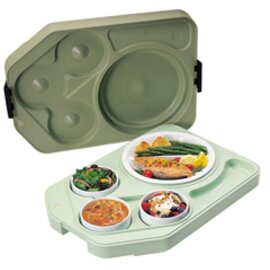 Insulated Euronorm tray with porcelain utensils, lid and pellet, color: two-tone green, B 37 x L 53 x H 10,5 cm, weight: 5,4 kg product photo