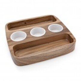 dip bowl set wooden tray|3 porcelain bowls square 300 mm  x 300 mm  H 40 mm product photo