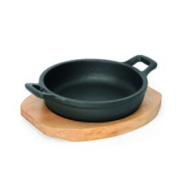 serving pan with a wooden coaster • cast iron black Ø 160 mm H 37 mm | 2 U-handles product photo