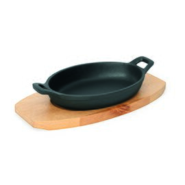 serving pan with a wooden coaster  • cast iron black | 240 mm  x 170 mm  H 47 mm | 2 U-handles product photo
