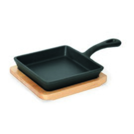 mini serving pan with a wooden coaster  • cast iron black | 140 mm  x 140 mm  H 25 mm | long handle product photo