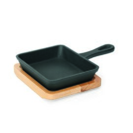 mini serving pan with a wooden coaster  • cast iron black | 120 mm  x 100 mm  H 25 mm | long handle product photo