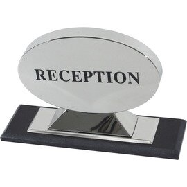 Information signboard &quot;Reception&quot;, chrome-nickel steel, labeled on both sides, high-quality design, heavy marble foot, sign 24 x 17 cm, foot 31 x 10 cm product photo