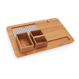 CLEARANCE | Welcome Tray of bamboo, lighter version, with 3 bowls: 1 x for sugar (10,4 x 6,8 x4,7 cm), 2 x for coffee or tea bag (each 5,2 x 6,8 x 4,7 cm ), Total size: 36 x 24 x 2 cm product photo