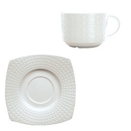 cup SATINIQUE with handle 180 ml porcelain white with relief with angular saucer  H 58 mm product photo