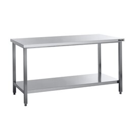 Working table, stainless steel, Scotch-Brite grinding, 40 mm beveled, with intermediate floor, depth 700 mm, width 1400 mm, height 850 - 900 mm product photo