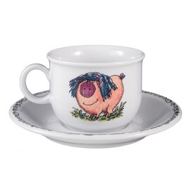 children cup with handle 210 ml porcelain multi-coloured decor "Piggeldy & Frederick" with saucer product photo  S