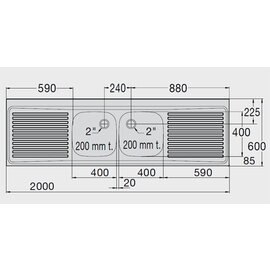 Sink Tops ZM 20x6-4 with drainboard on the left and on the right 2 basins | 400 x 400 x 200 mm L 2000 mm W 600 mm product photo  S