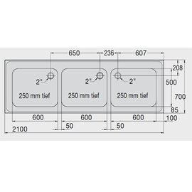 Sink Tops T 21x7 3 basins | 600 x 500 x 250 mm L 2100 mm W 700 mm product photo  S