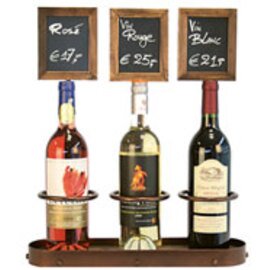 Wine bottle presenter, wooden shelf, copper-colored wireframe, for 3 bottles, length: 38.5 cm, width: 11 cm, height: 45 cm product photo