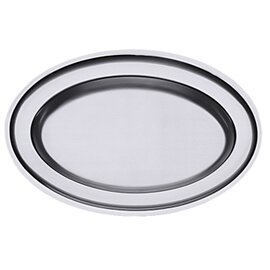 Roasting plate model 1/100, oval, made of stainless steel, satin polished, with flanged edge, heavy quality, made of original VDN® tools, dimensions: 100 x 68 H 4 cm product photo