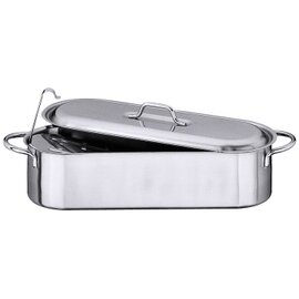 fish cauldron 6 ltr stainless steel pot|lid|strainer insert 440 mm  x 135 mm  H 105 mm  | 2 handles product photo