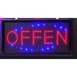 LED sign &quot;OPEN&quot;, with black plastic frame, still writing, while blue LEDs fast circulate, not suitable for outdoor use, dimensions: L x W: 48 x 25 cm, power: 230 V product photo