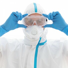 protection set SUPER HIGH RISK HYGOSTAR white and blue jumpsuit | mouthguard | overshoes | glasses | gloves | garbage bag product photo  S