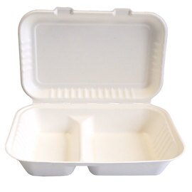 Bio-Lunchbox DOUBLE sugarcane fibers white with lid 100% compostable  L 245 mm  B 160 mm  H 85 mm 2 compartments product photo