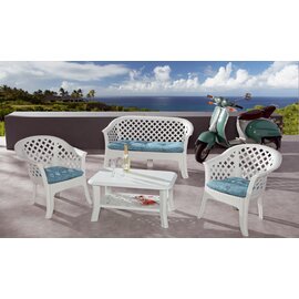 Complete set Alassio, 4-piece, 1 bench, 2 armchairs, 1 coffee table, solid plastic, 100% polypropylene, weatherproof, color: white product photo