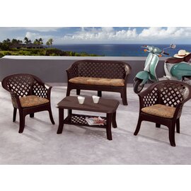 Complete set Alassio, 4 parts, 1 bench, 2 armchairs, 1 coffee table, full plastic, 100% polypropylene, weatherproof, color: mocca product photo