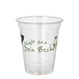 cold beverage cup PLA 0.3 ltr with mark; | lettering ‘Becher aus Mais’ (cup made from corn) | foam edge | disposable product photo