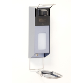 hygiene column |disinfectant dispenser HSC-CNS stainless steel aluminium with arm lever lockable 500 ml 320 mm x 320 mm H 1100 mm product photo  S