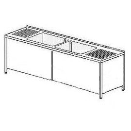 commercial sink unit drainboard on the left and on the right | 2 basins 500 x 500 x 300 mm | bottom shelf | wing doors | 2200 mm x 700 mm product photo
