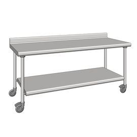 work table stainless steel wheeled with ground floor upstand 100 mm at the back 800 mm x 2000 mm H 900 mm product photo