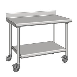 work table stainless steel wheeled with ground floor upstand 100 mm at the back 700 mm x 1200 mm H 900 mm product photo