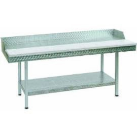 Step table table Reinaluminium, L 1500 x W 700 x H 850 mm, welded version, surface with mechanical round grinding, stage 30 mm, with 300/400 mm wide plastic cut-on supports (white), 1 storage area product photo