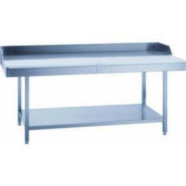 Step work table chrome nickel steel, L 1500 x W 700 x H 850 mm, surface brushed, with depositories, step 300 x 30 mm, with 300 x 30 mm wide plastic cutting plate, white product photo