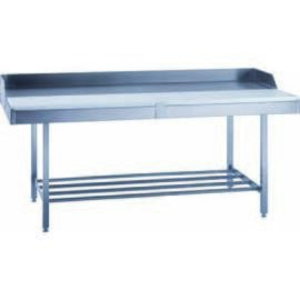 Step work table Chrome nickel steel, L 1500 x W 900 x H 850 mm, welded design, surface brushed, step 30 mm, with 300/400 mm wide plastic cut-on supports (white) product photo