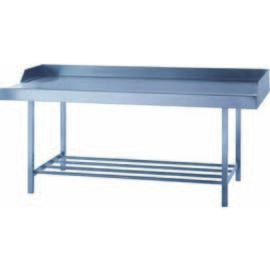 Filling work table chrome nickel steel, L 2000 x W 900 x H 850 mm, welded design, surface brushed, right side wall shortened, front with beaded edge, 1 storage area product photo