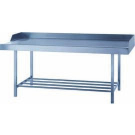 Filling work table chrome nickel steel, L 1500 x W 900 x H 850 mm, welded design, surface brushed, right side wall shortened, front with beaded edge, 1 depositost product photo