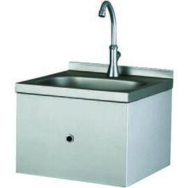 CNS hand wash basin, material no. 1.4301, complete with pre-mixer for hot and cold water as well as time valve with push-button control, with floor spout, 500 x 300 x 150 mm inside dimension, 560 x 450 x 300 mm outside dimension product photo
