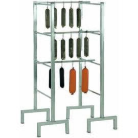 CNS meat dependency tray, T 750 x H 1900 mm, support spacing 850 mm, material no. 1.4301, surface blasted, stable hygienic version, with 4 pads for smoking sticks product photo