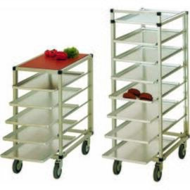 Ladder transport trolley L 460 x T 640 x H 1400 mm, anodised aluminum, 25 x 25 mm, with rear stop rail, suitable for a total of 8 plates 600 x 400 x 25 mm at a distance of 150 mm, 4 rubber-coated steering rollers Ø 125 mm, Without plates) product photo
