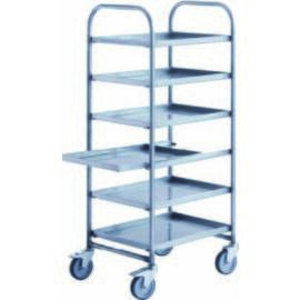 CNS transport trolley L 785 x T 605 x H 1435 mm, chrome nickel steel Material no. 1.4301, support rail front and rear with upstand, for 6 plates distance of 200 mm, 4 gummiber. Swivel castors Ø 125 mm, 2 with brackets, housing galvanized product photo