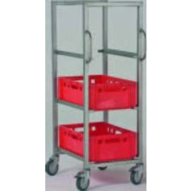 CNS transport cart for Euro boxes, L 470 x D 620 x H 1360 mm, 3 floors, with 2 slots, angled profile for the accommodation of the euro boxes 30 x 40 x 1.5 mm with upstand front and rear, 4 gummiber. Swivel castors Ø 125 mm, 2 with lock product photo