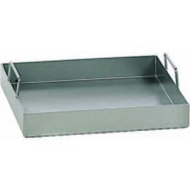 CNS brat pan, L 650 x W 450 x H 50 mm (with handles 100 mm), material thickness 3.0 mm, rectangular flat shape with vertical upwards standing handles, material no. 1.4301 product photo