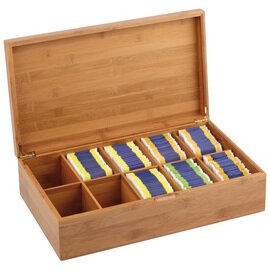 Tea box &quot;BUFFET&quot;, wooden box made of bamboo with inscription &quot;tea&quot;, 10 chambers for approx. 150 tea bags, lid remains open at 90 ° C angle, 4 anti-slip feet, 42 x 24x H 11 cm product photo