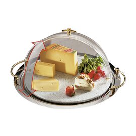 Cheese bell set, 3 pcs .: Stainless steel tray Ø 48 cm with gold plated handles, plastic cutting board marbled, Ø 40 cm, roll topple cap with gold handle, height 20 cm product photo