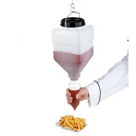 Dosing / disinfecting dispenser, 5.5 ltr., 17 x 17 x H 33 cm, with chain for ceiling mounting (1.2 m, 2 hooks), suitable for ketchup, mayonaise, send or dressing, refillable, easy cleaning product photo