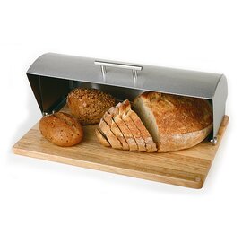 Bread box, matt stainless steel, solid wood base, anti-slip feet, roll top cover, approx. 28 x 39 x H 15 cm product photo