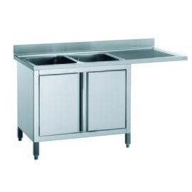 sink centre cabinet EM ECOLINE with drainboard on the right 2 basins | 400 x 500 x 250 mm with bottom shelf with sliding doors L 1600 mm W 700 mm product photo