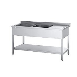 kitchen sink table STZL 1460 EM ECOLINE with drainboard on the right 2 basins | 400 x 400 x 250 mm with bottom shelf L 1400 mm W 600 mm product photo