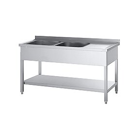 kitchen sink table STZL 1470 EM ECOLINE with drainboard on the right 2 basins | 500 x 500 x 250 mm with bottom shelf L 1400 mm W 700 mm product photo