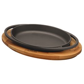 oval plate with a wooden board  • cast iron enamelled black | 210 mm  x 140 mm  H 25 mm product photo