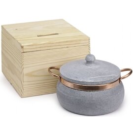 Stone cooking pot, with lid, arched, round, Ø 16 cm, height: 10.2 cm, packed in a wooden box product photo