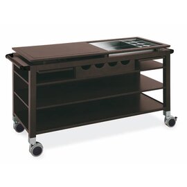 Wooden serving rack with 3 shelves, top plates of 1x stainless steel container and insert for bottles with wooden frame and 1x wooden plate with wooden frame, width: 155 cm, color: Wènge product photo