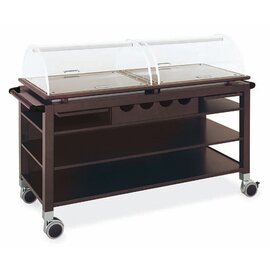 Wooden serving rack with 3 shelves, upper plates of 2x stainless steel with wooden frame with 2 plexiglass couplings, width: 155 cm, color: Wènge product photo