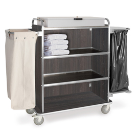 housekeeping cart Oak dark incl. waste bag holder | compartmental tray | 1130 mm x 520 mm H 1340 mm product photo