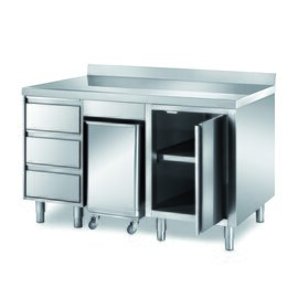 cabinet table | 1500 mm x 700 mm H 870 mm with condiment container with 3 drawers with 1 wing door | upstand product photo